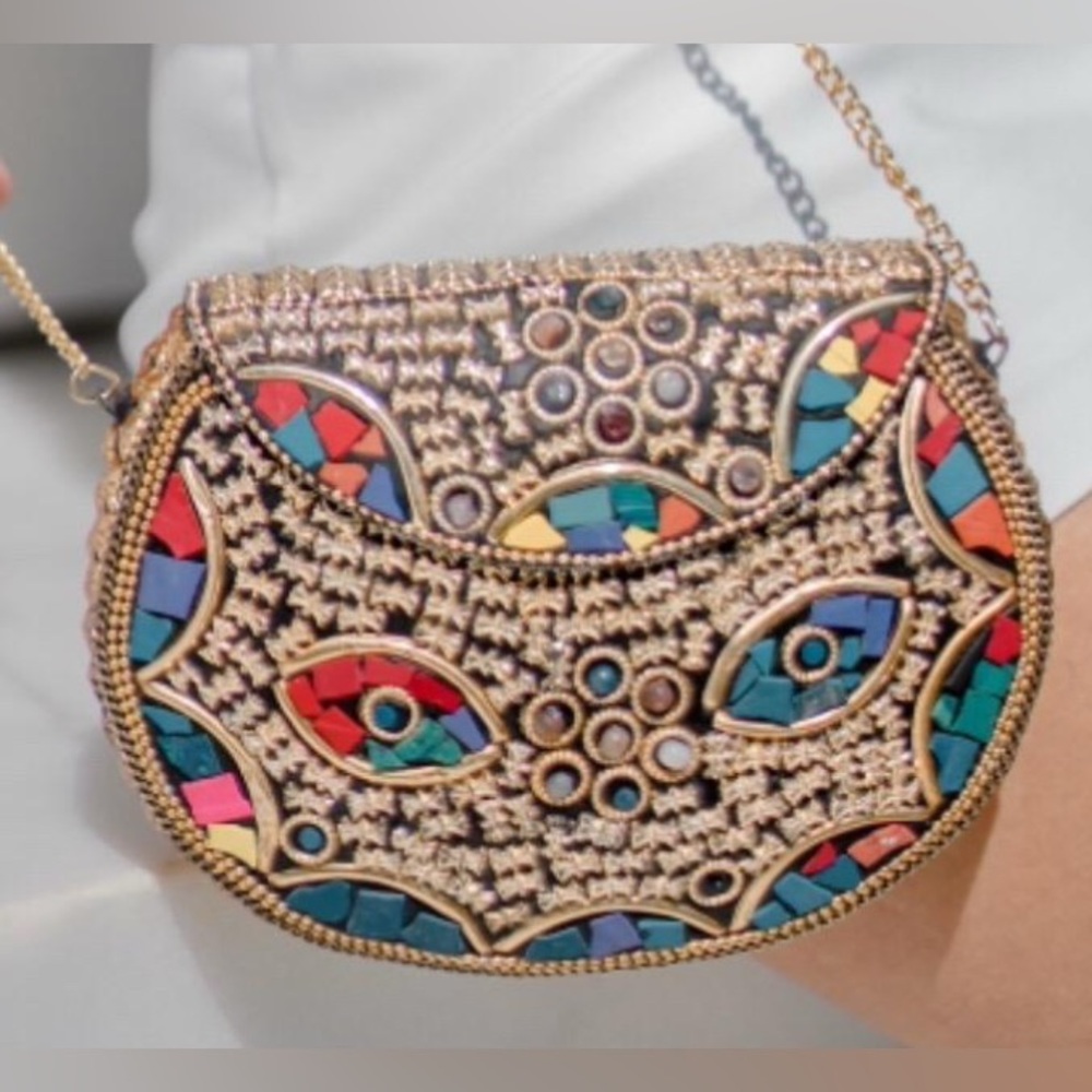 RAMLA Moroccan Handmade “Rio” purse with gold chain NEW - Picture 5 of 5